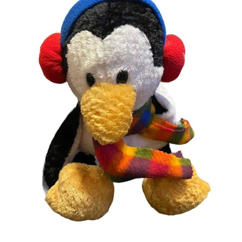 Commonwealth Plush Multicolor Stuffed Penguin with Red Ear Muffs Plaid Scarf 18”